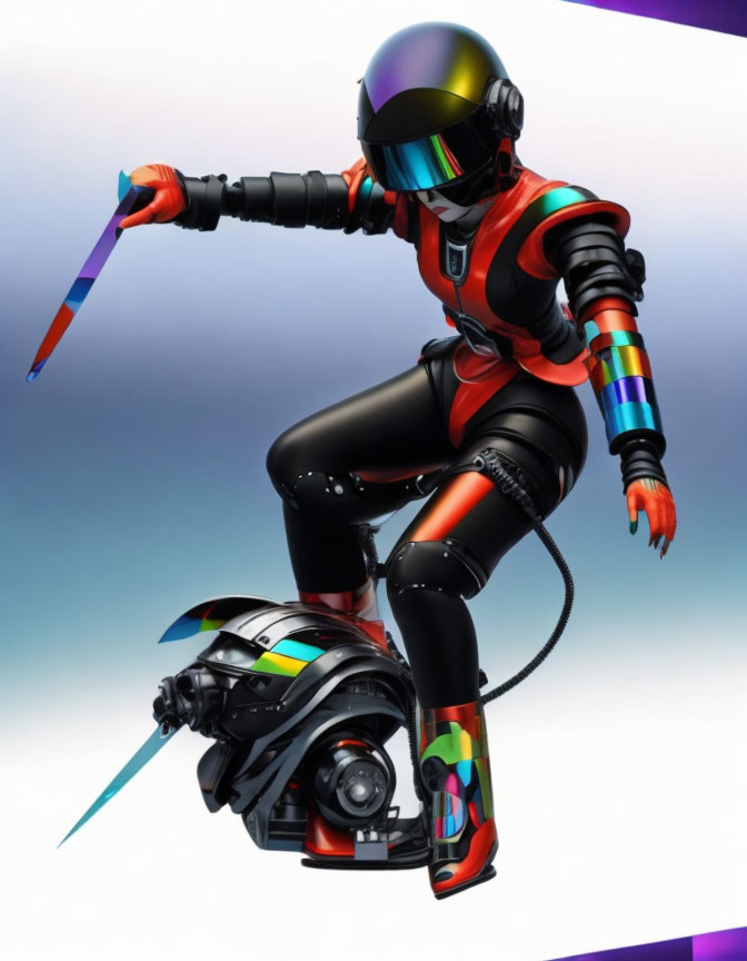 Futuristic figure in black spacesuit with rainbow visor and sword on robotic head