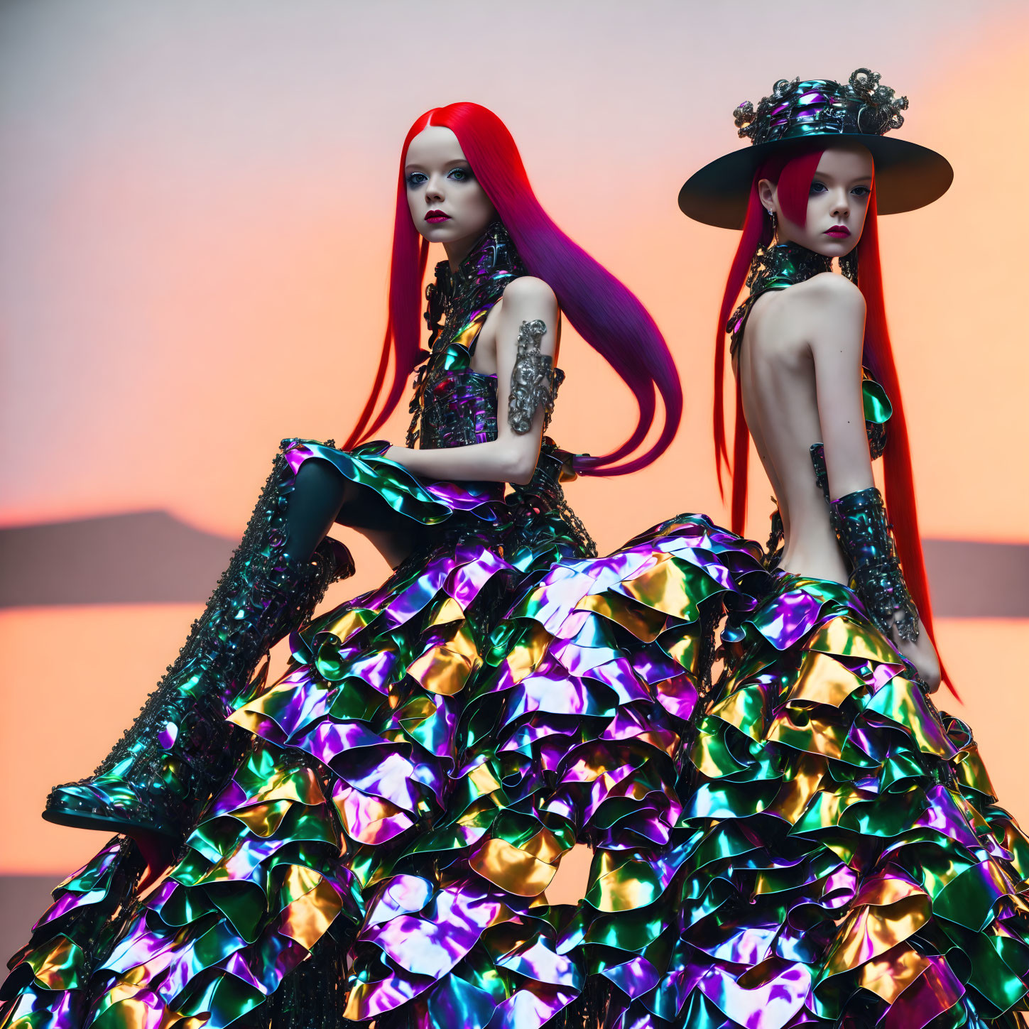 Models with Red Hair in Avant-Garde Outfits on Sunset Backdrop