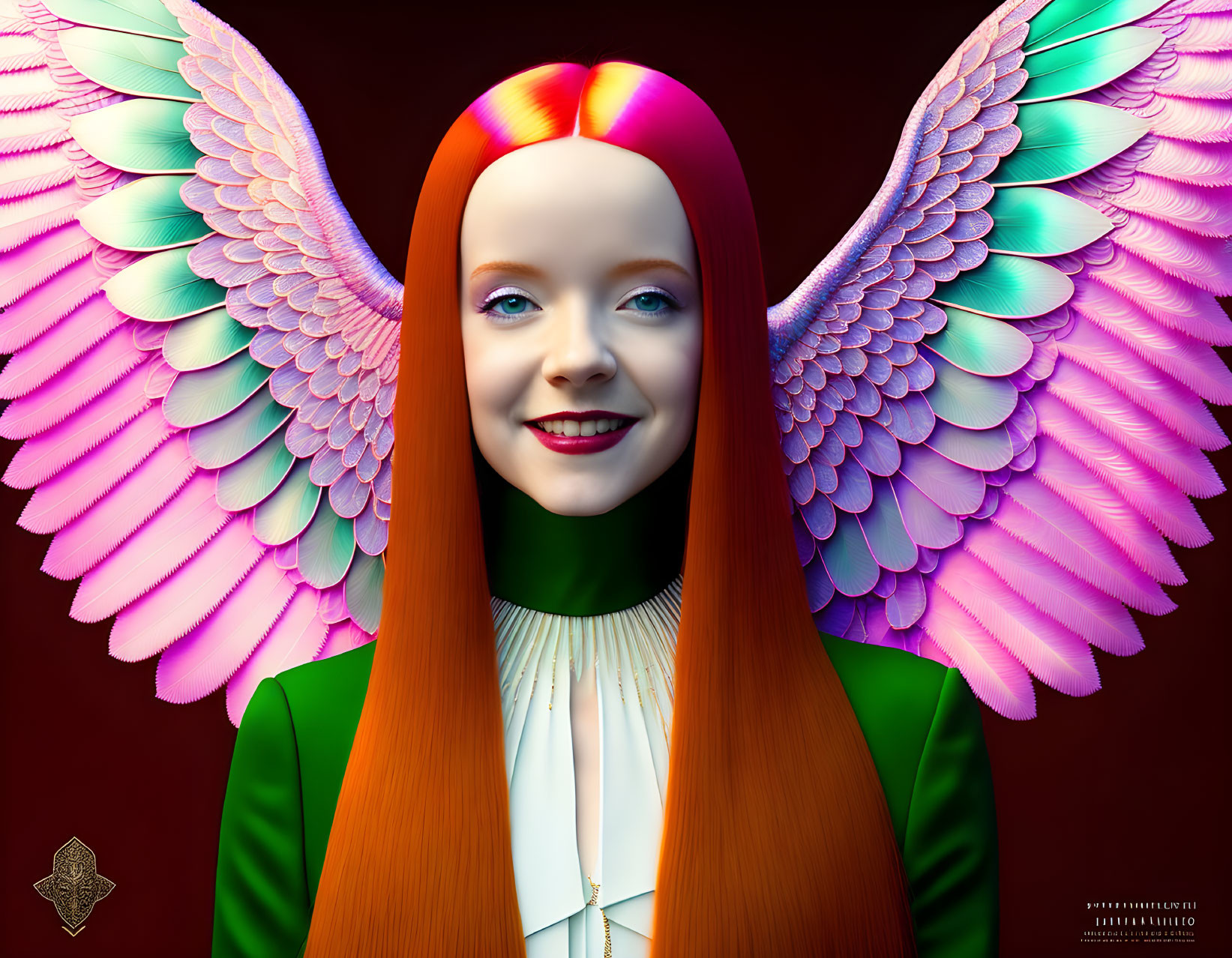 Vibrant digital artwork: Smiling girl with rainbow hair and pink wings on red backdrop