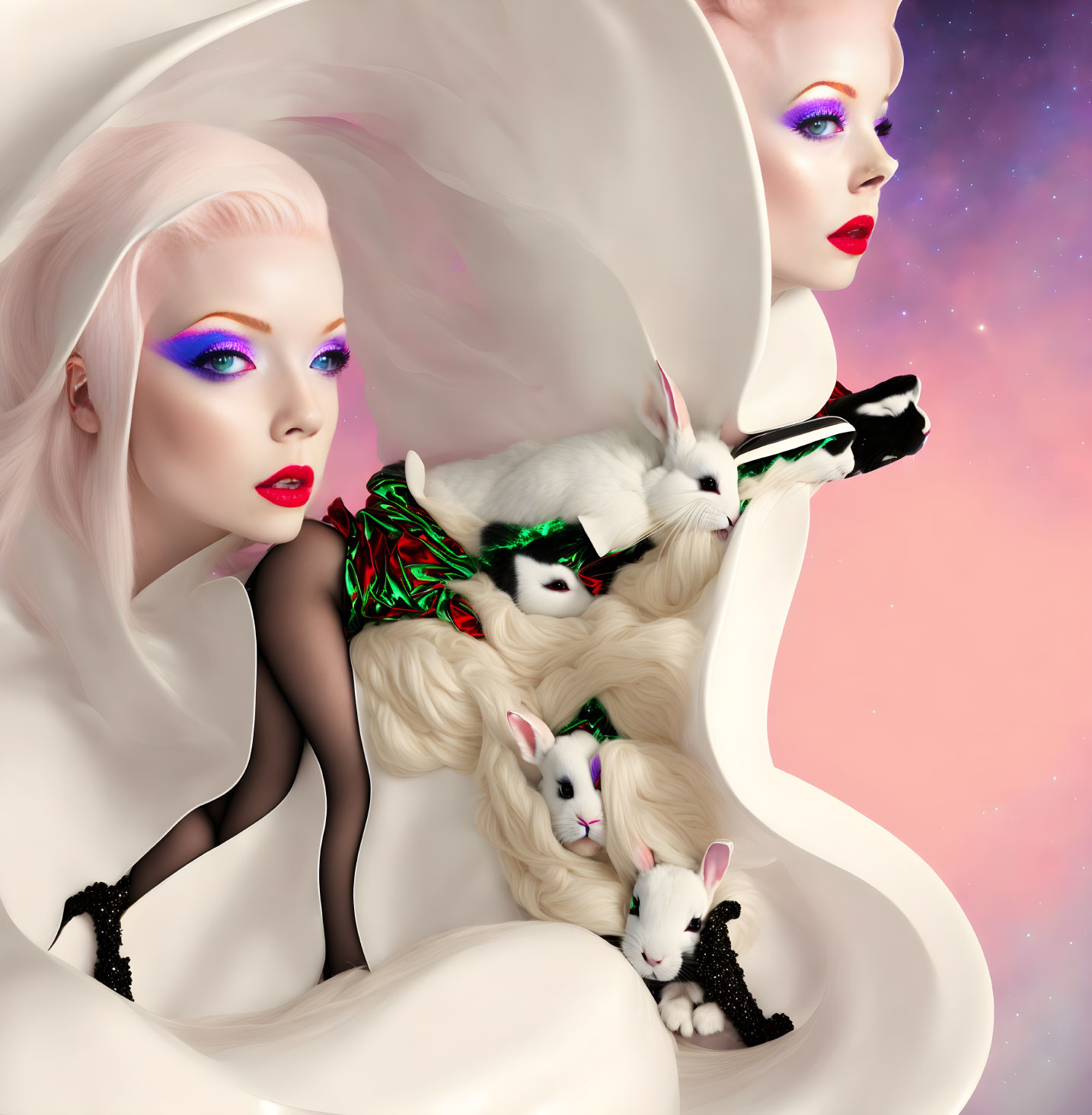 Stylized women with colorful makeup and white hair among rabbits in cosmic pink setting.