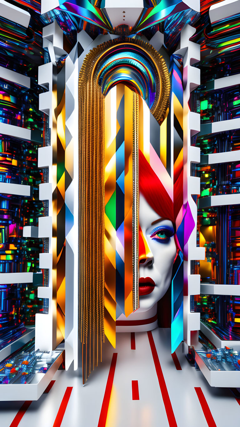 Futuristic female face in vivid colors in sci-fi hallway with illuminated shelves