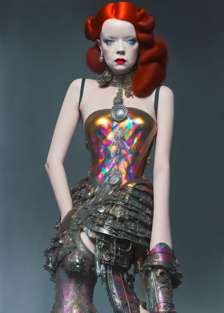 Red-haired female android in holographic corset and metallic skirt on grey backdrop