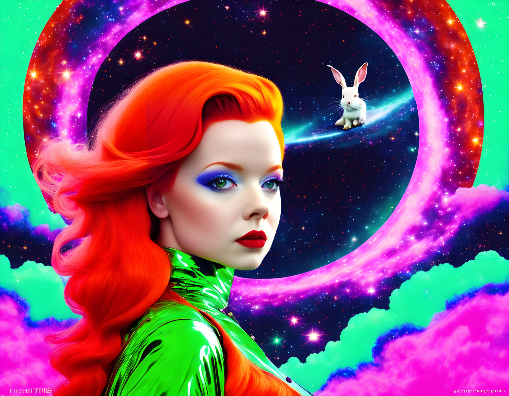 Surreal portrait of woman with red hair and blue eyes in cosmic setting