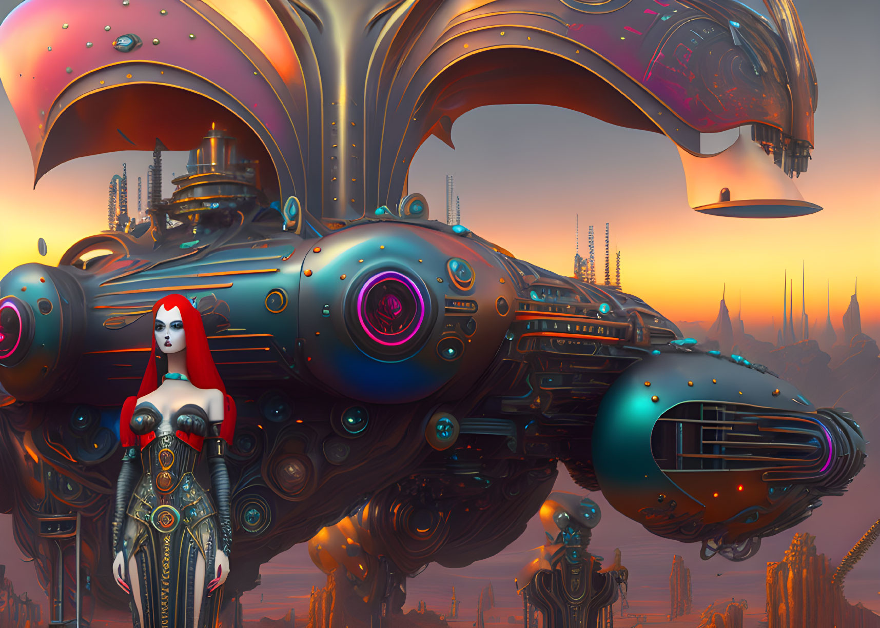 Female android in futuristic cityscape with flying vehicles and mechanical structures