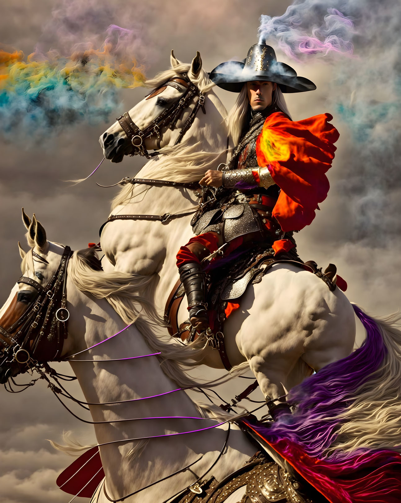 Person in historical armor on white horse with vibrant, colorful smoke background