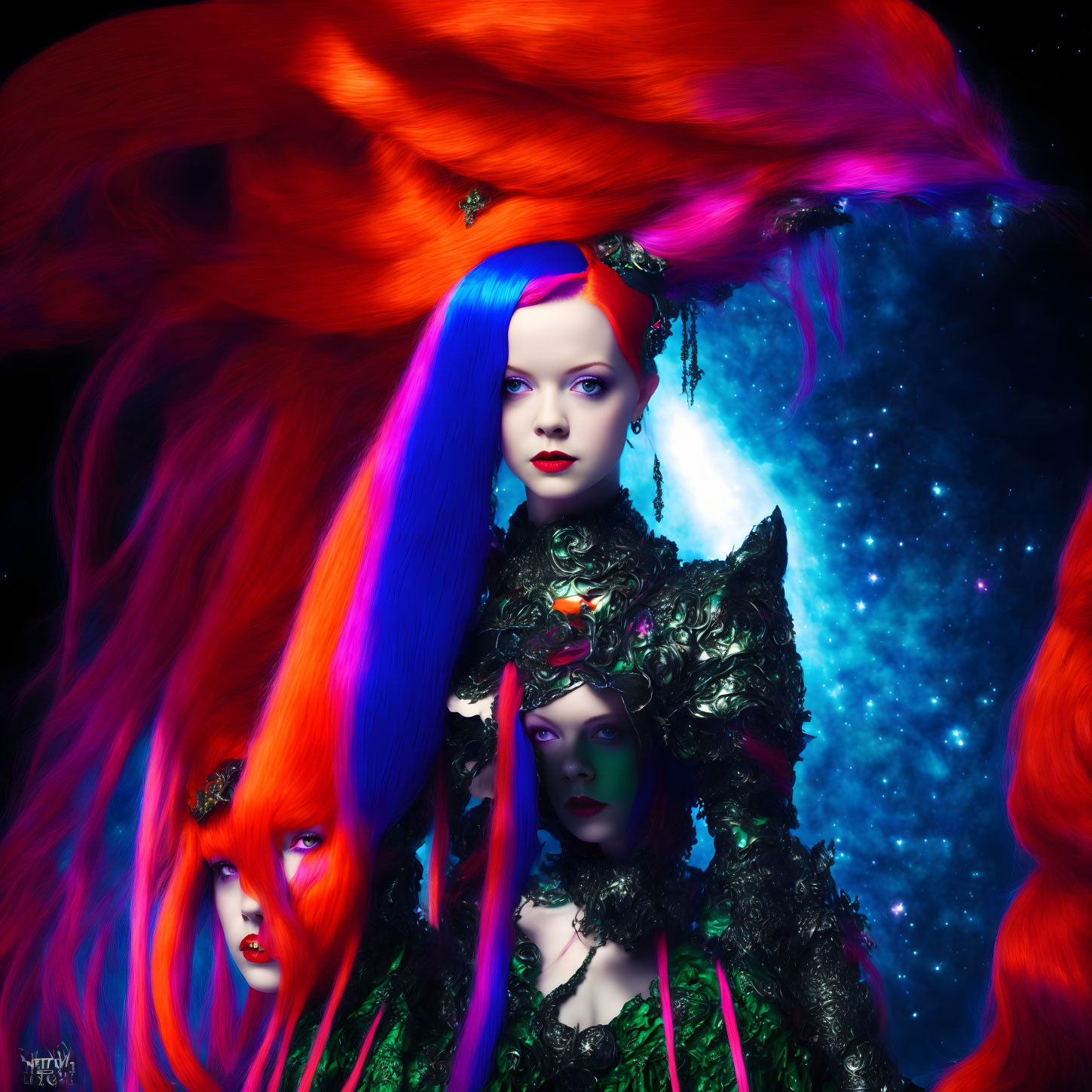 Vibrant surreal portrait of three women with flowing red and blue hair in cosmic setting.