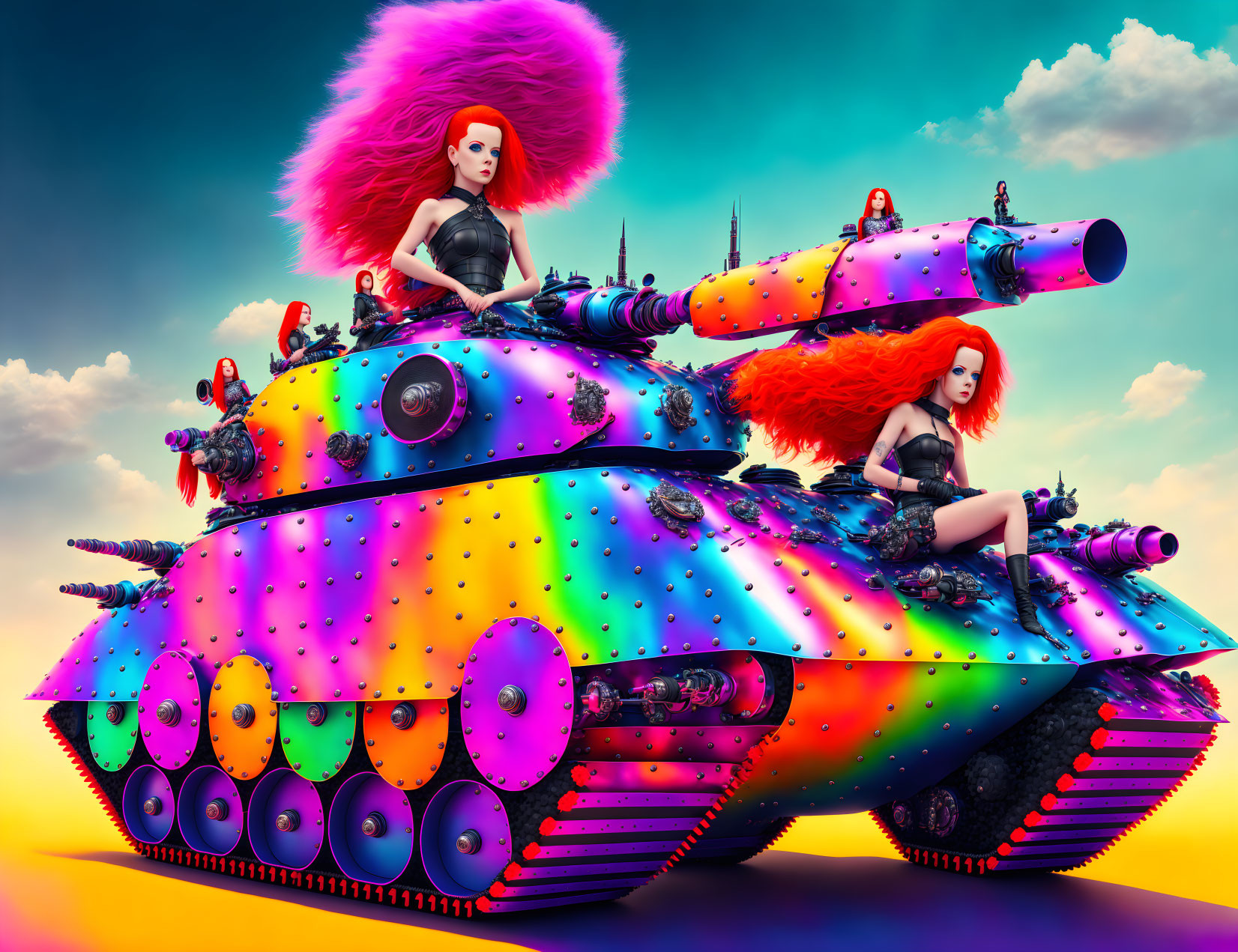 Colorful polka dot tank with stylized female figures and vibrant hair under dramatic sky