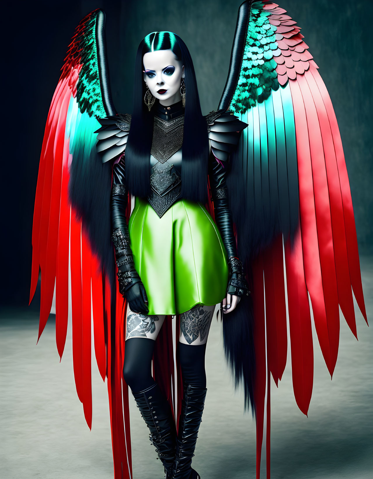 Person with Red and Black Wings in Green Skirt and Thigh-High Boots