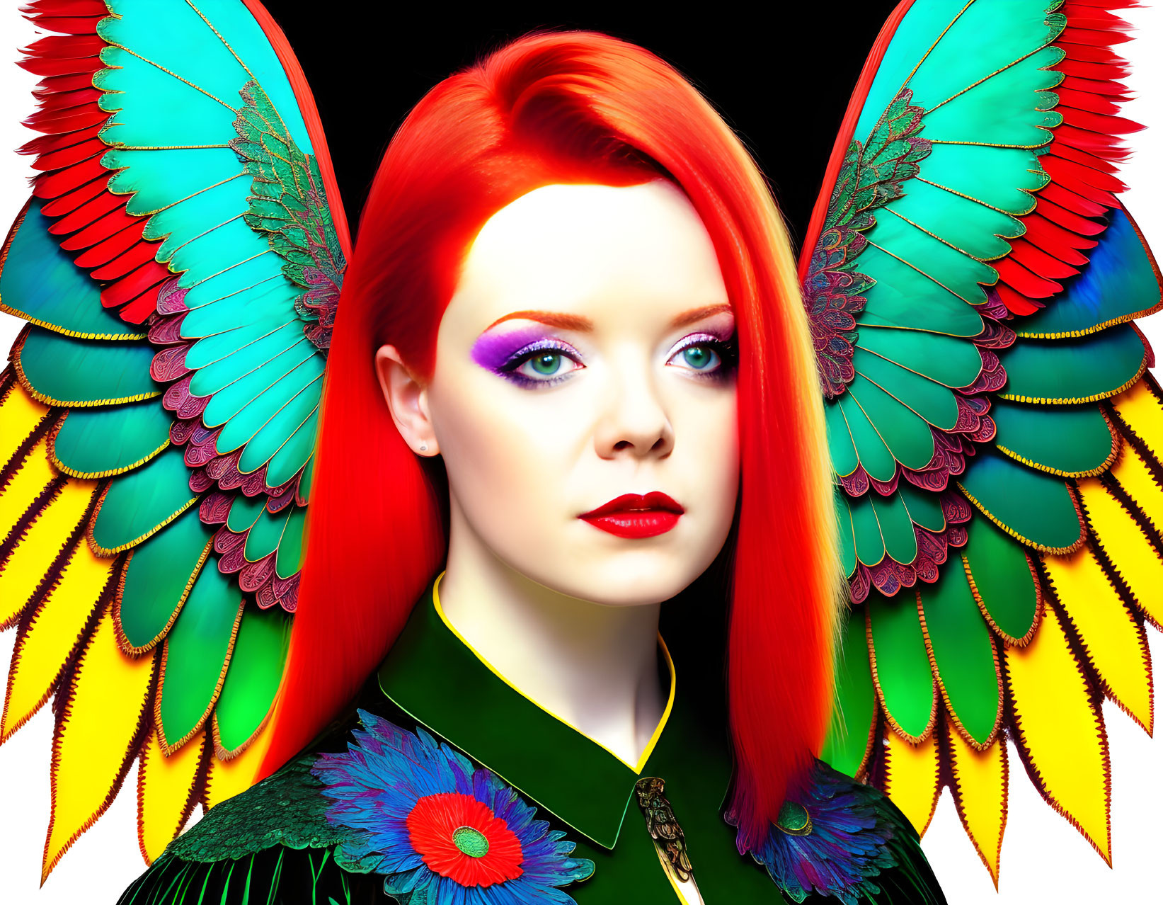 Vibrant woman with red hair and parrot wings in green outfit