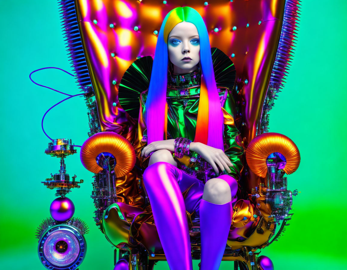 Blue-haired person in colorful attire on ornate chair amid futuristic metallic objects