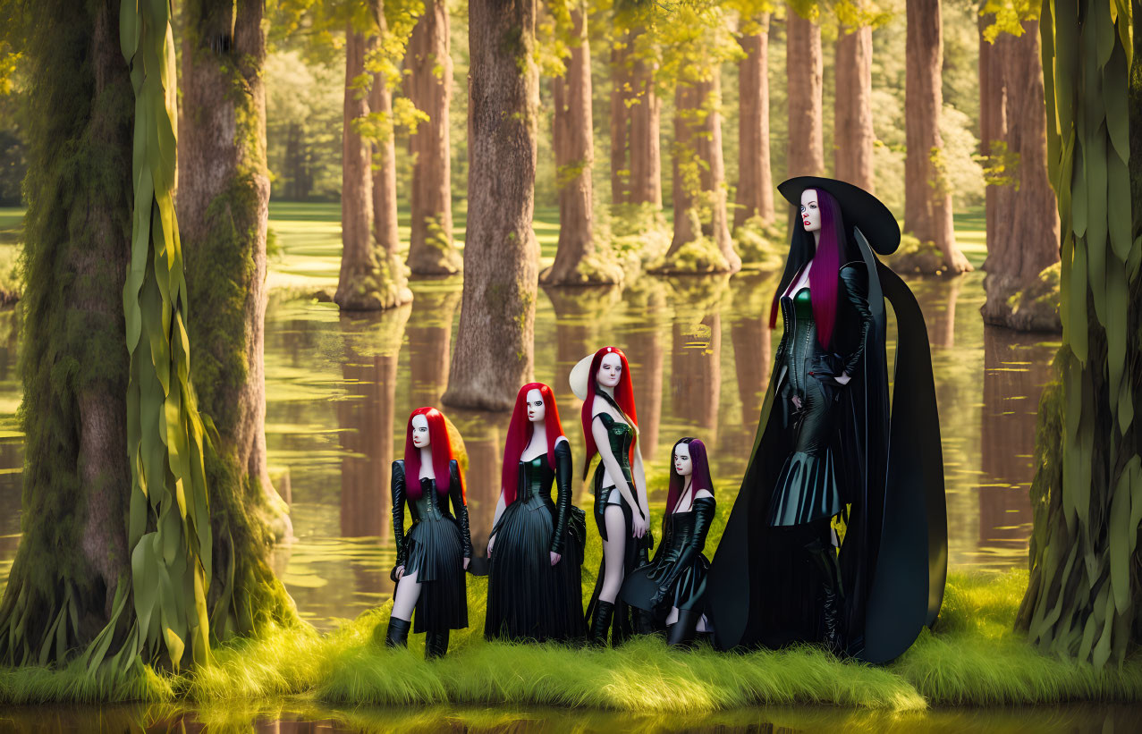 Five red-haired animated female characters in medieval attire in forest setting