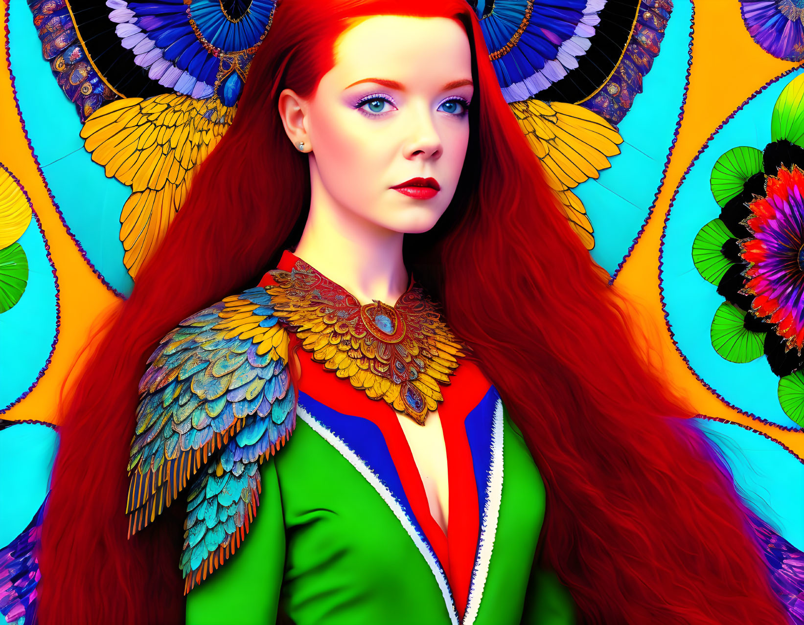 Vivid Portrait of Woman with Long Red Hair and Blue Eyes