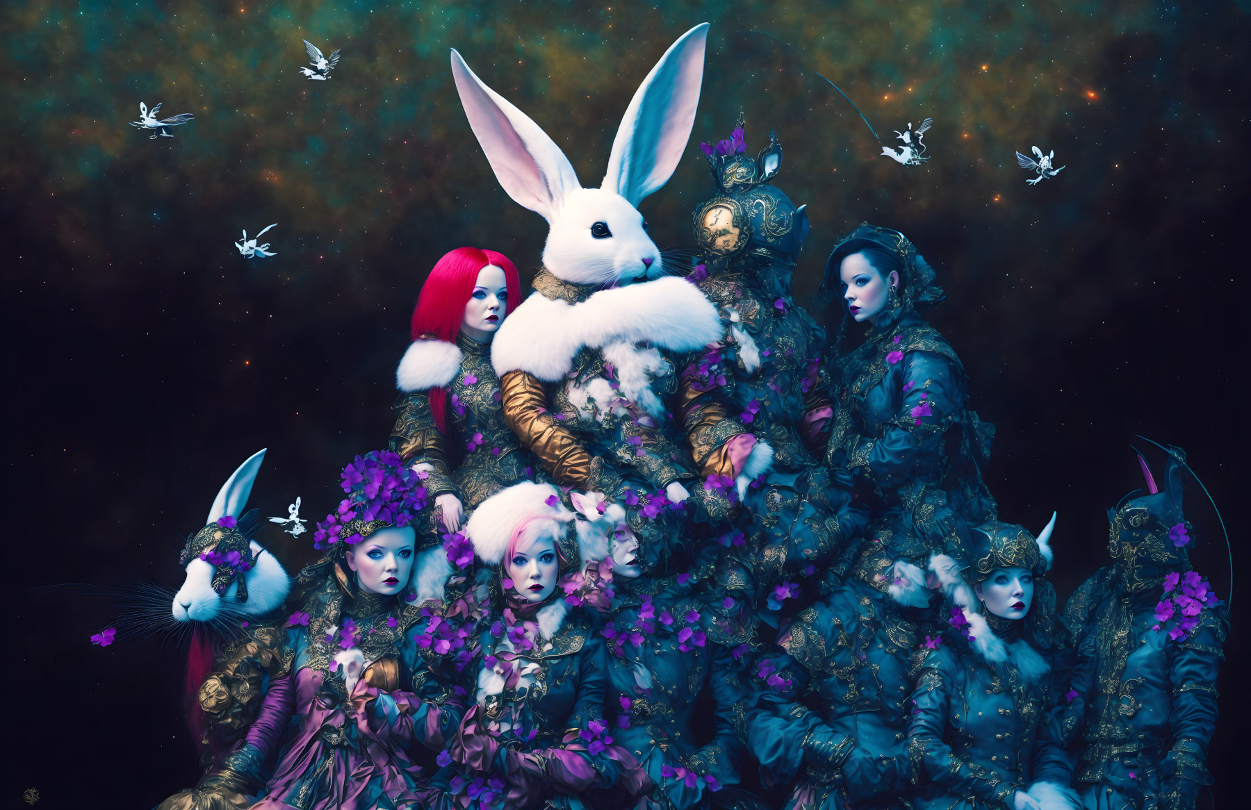 Fantastical human figures in rabbit costumes with flowers and butterflies on starry background