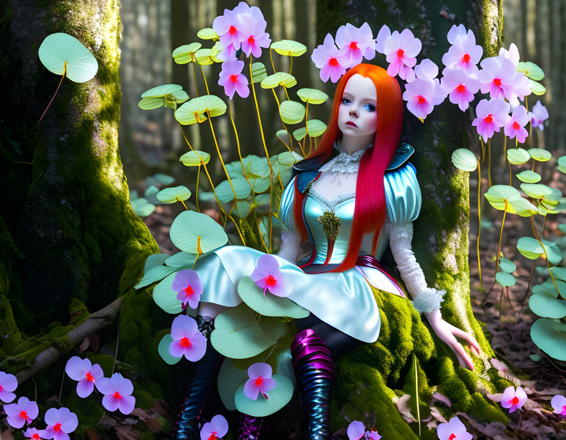 Red-haired doll in colorful outfit amid pink flowers and mossy forest trees