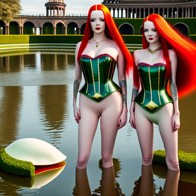 Identical female 3D characters with red and white hair, green corsets, and white leggings