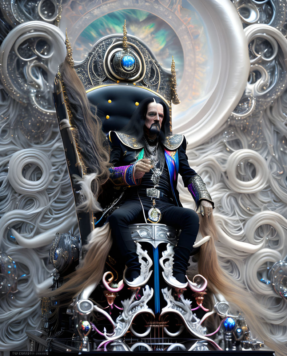 Elaborate digital artwork: Regal figure in ornate attire on intricate throne