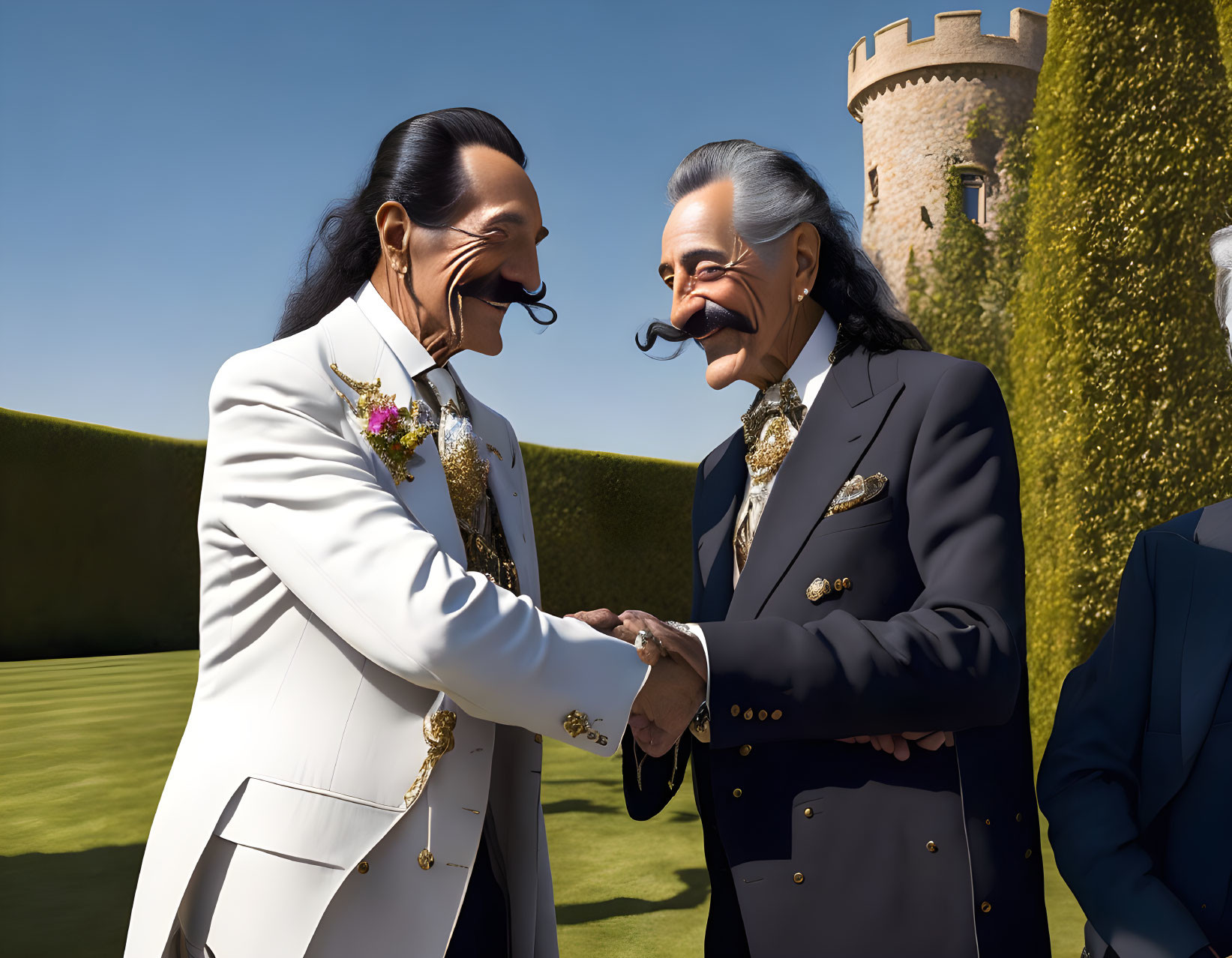 Exaggerated mustached male characters in formal suits shaking hands in castle garden