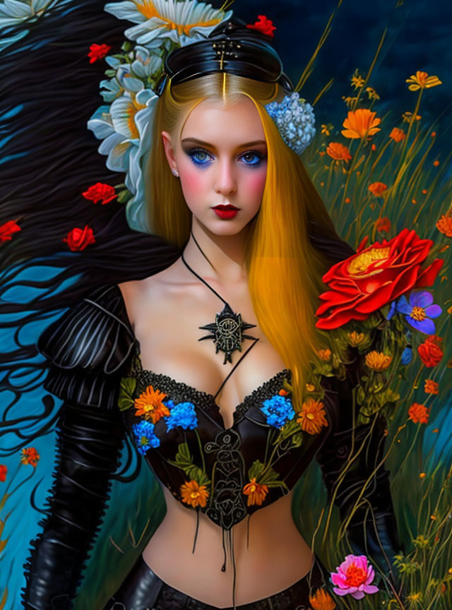 Fantastical portrait of female figure with angelic wings and gothic attire among vibrant flowers