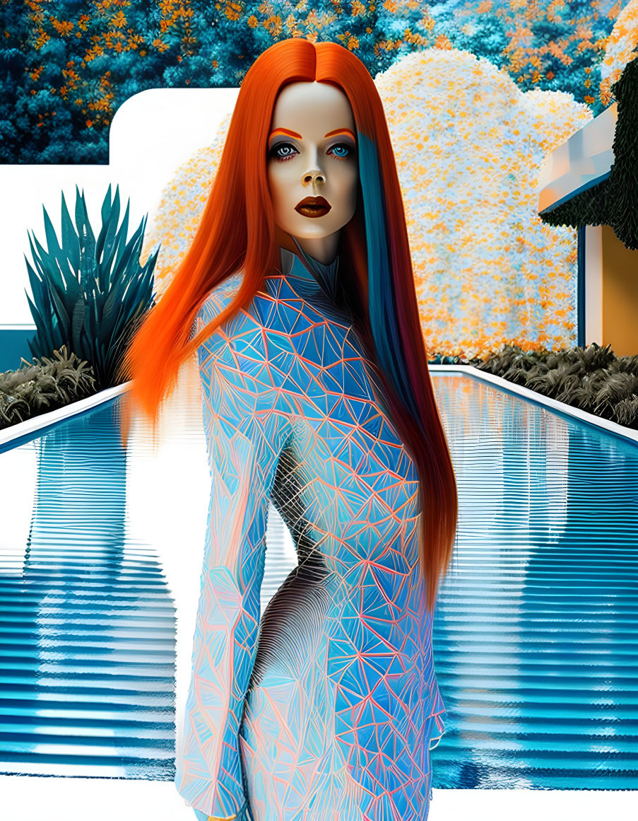 Vibrant red-haired woman in geometric-patterned attire against blue-orange landscape