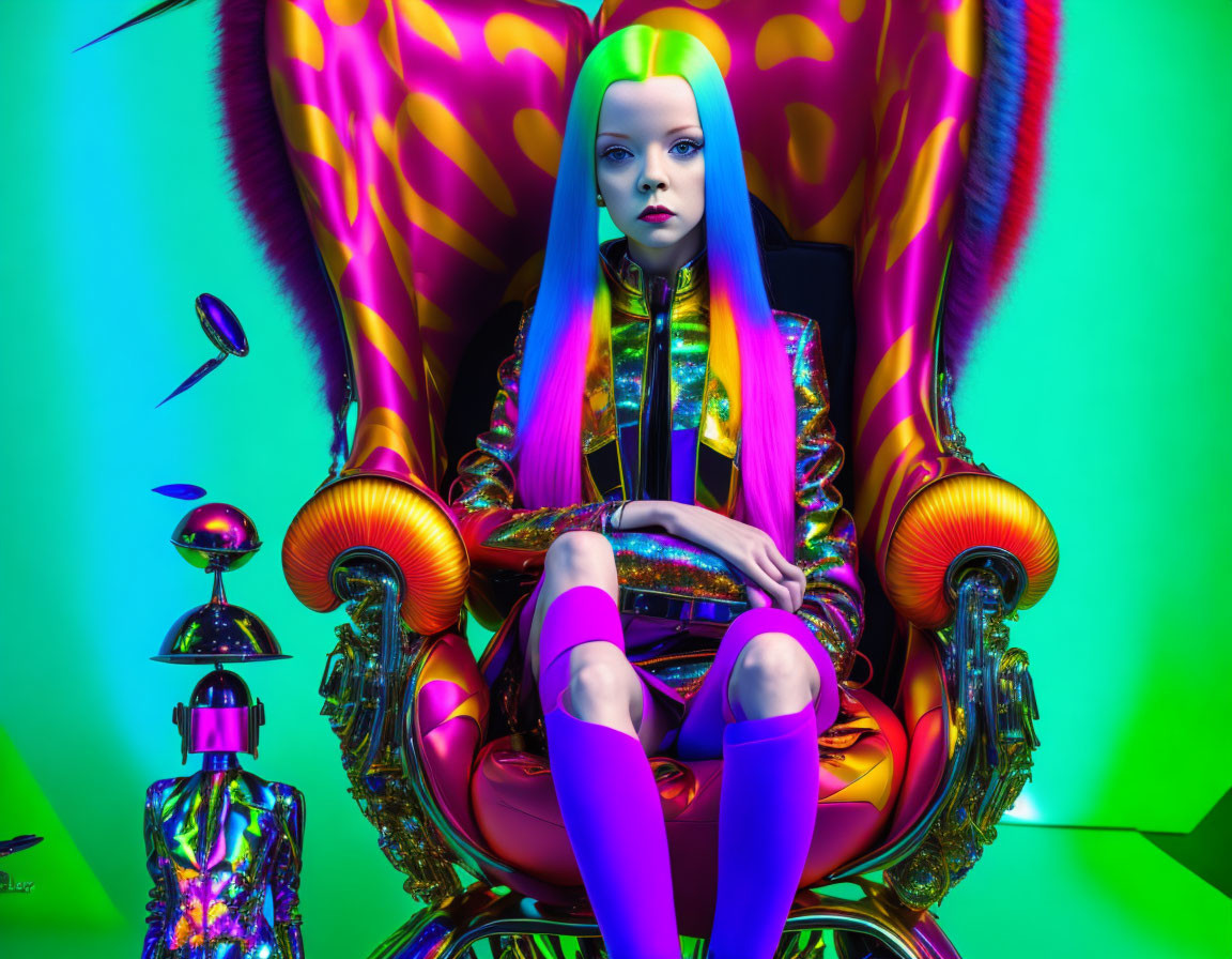 Blue-haired woman in colorful outfit on neon-lit throne chair