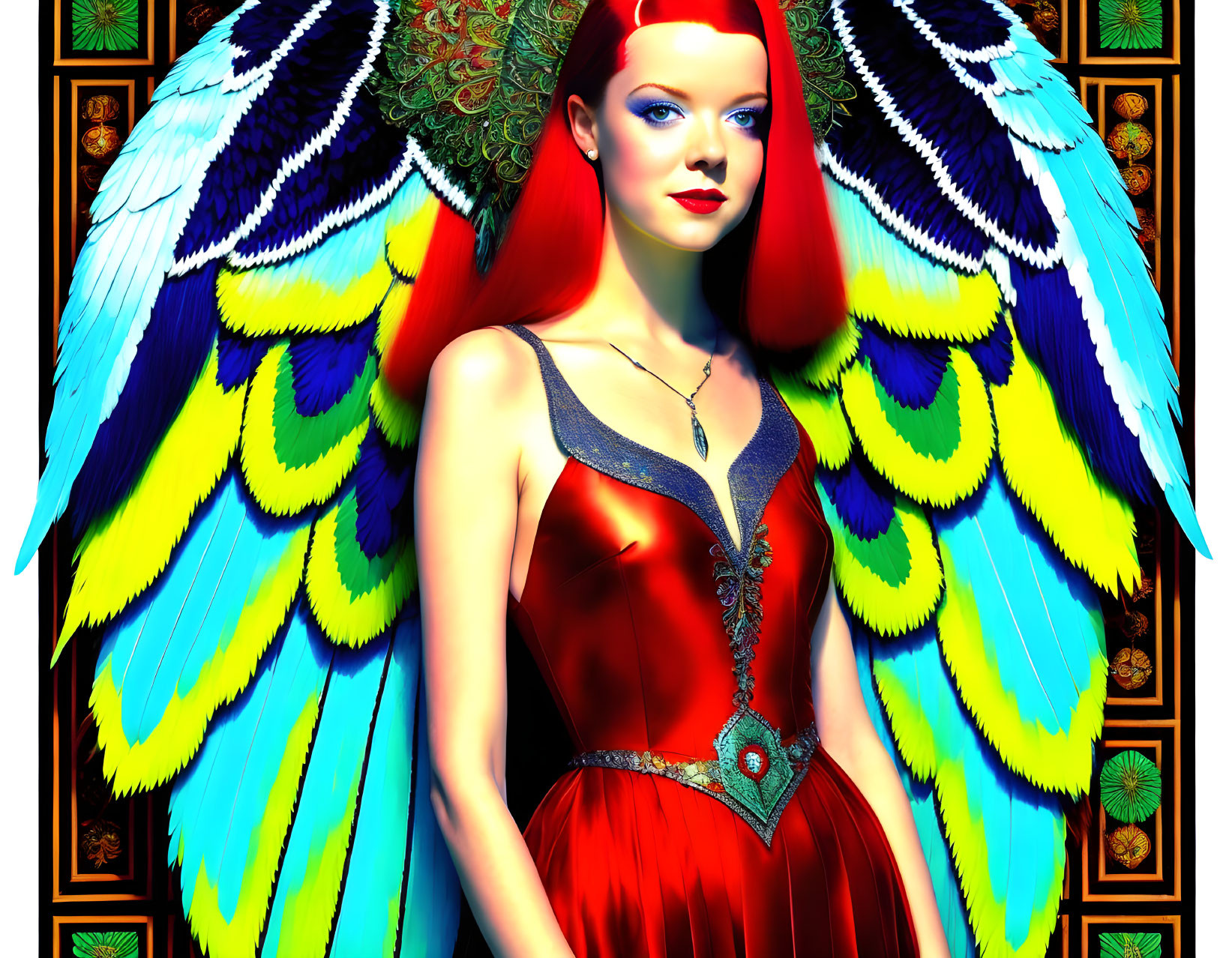 Colorful artwork: Woman with red hair, angel wings, red/silver dress on green background