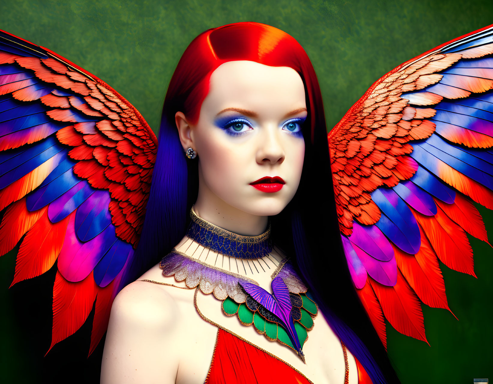 Digital artwork: Woman with red hair, blue eyes, feathered earrings, necklace, and multicol