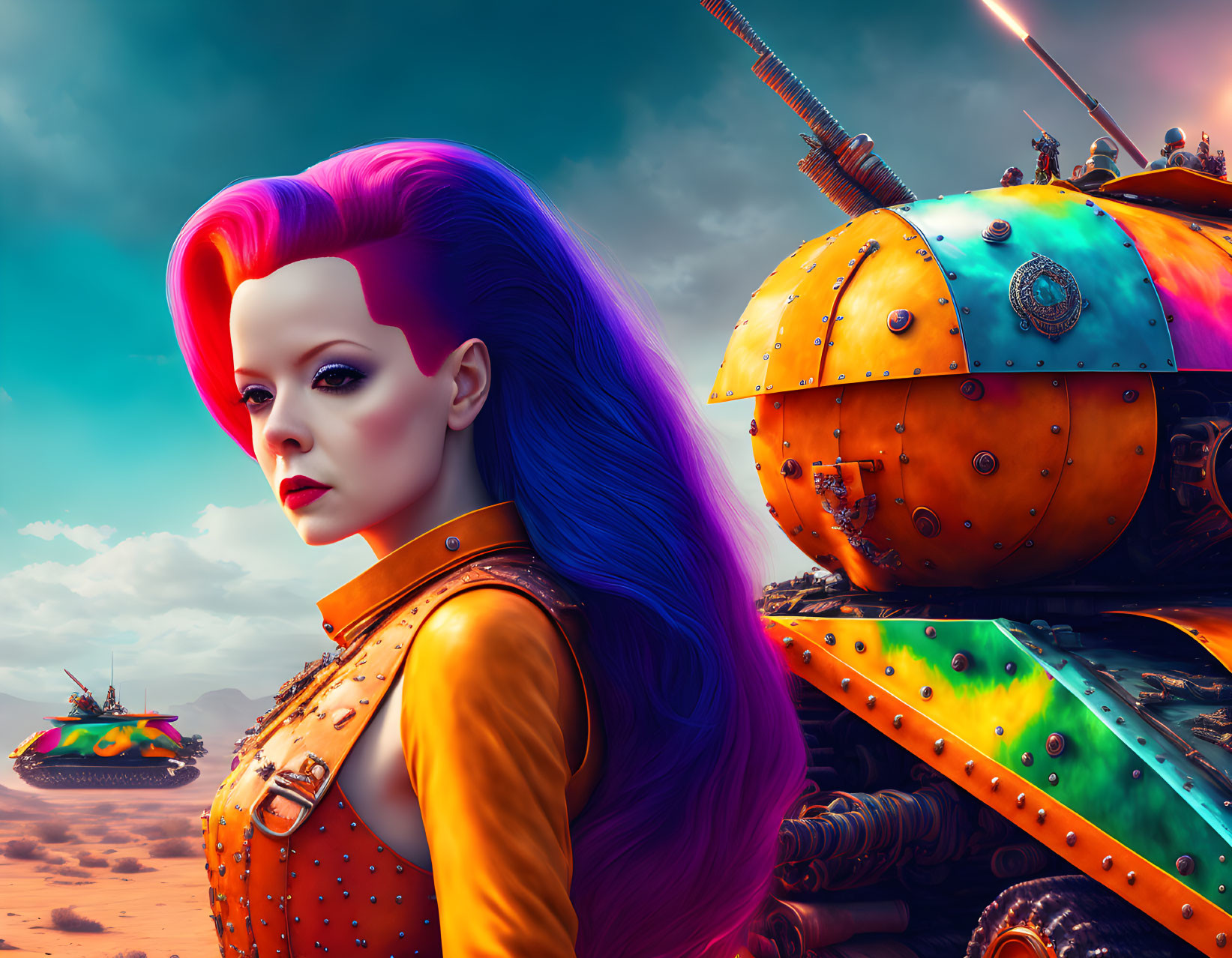 Vibrant purple and pink hair woman in surreal desert with futuristic tanks