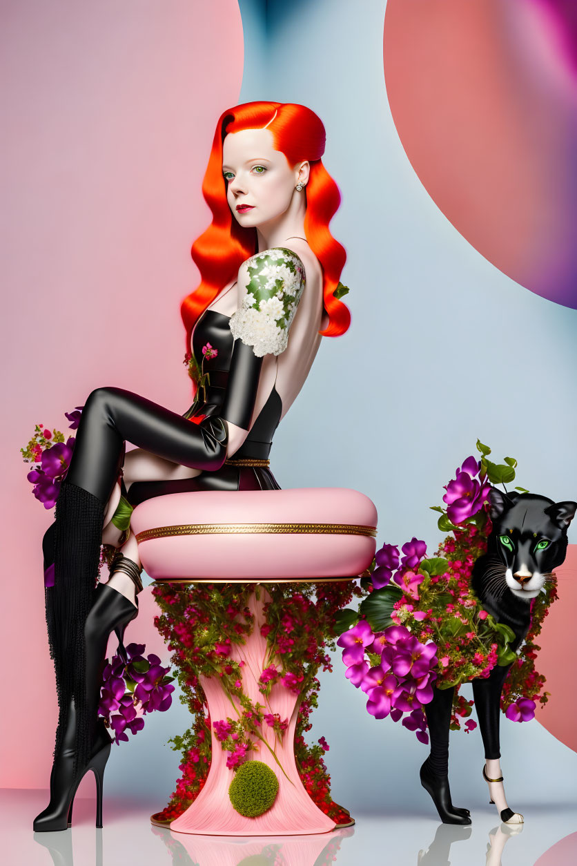 Stylized red-haired woman on pink chair with black cat in pastel setting