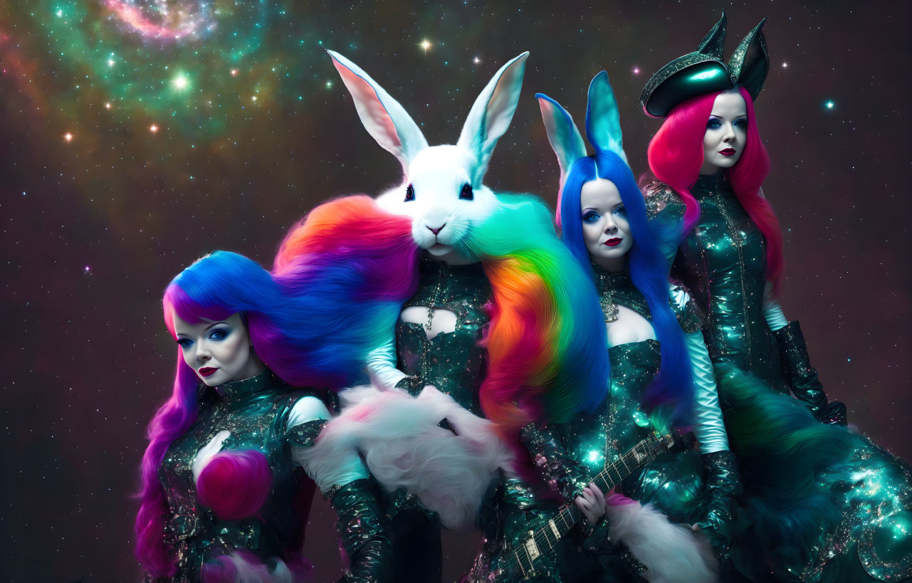 Three women in futuristic outfits with colorful hair and a large white rabbit against a starry cosmic background