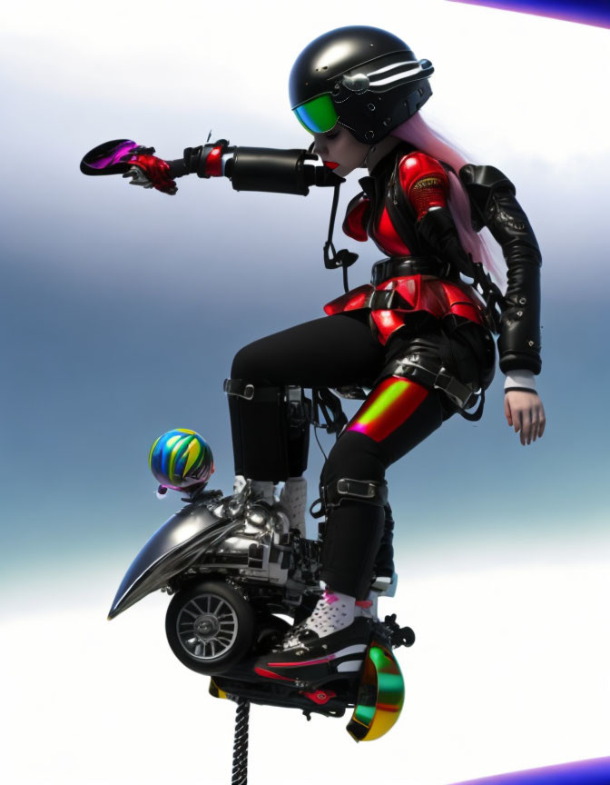 Futuristic digital art: person in black and red suit with helmet, holding swirling orb on motor