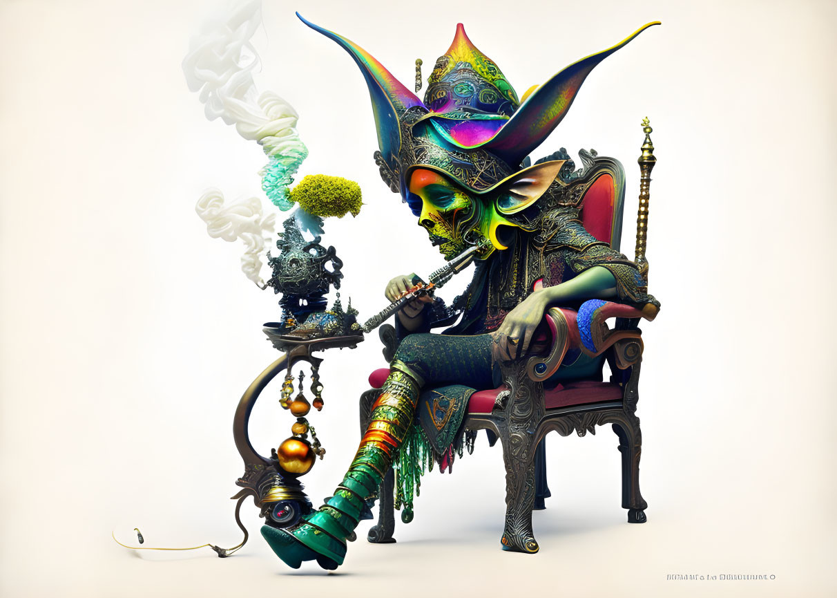 Colorful jester-like character on ornate chair smoking hookah