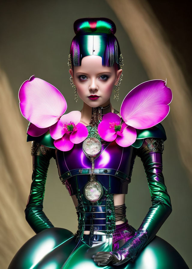 Futuristic female robot with iridescent metal skin and purple orchid flowers