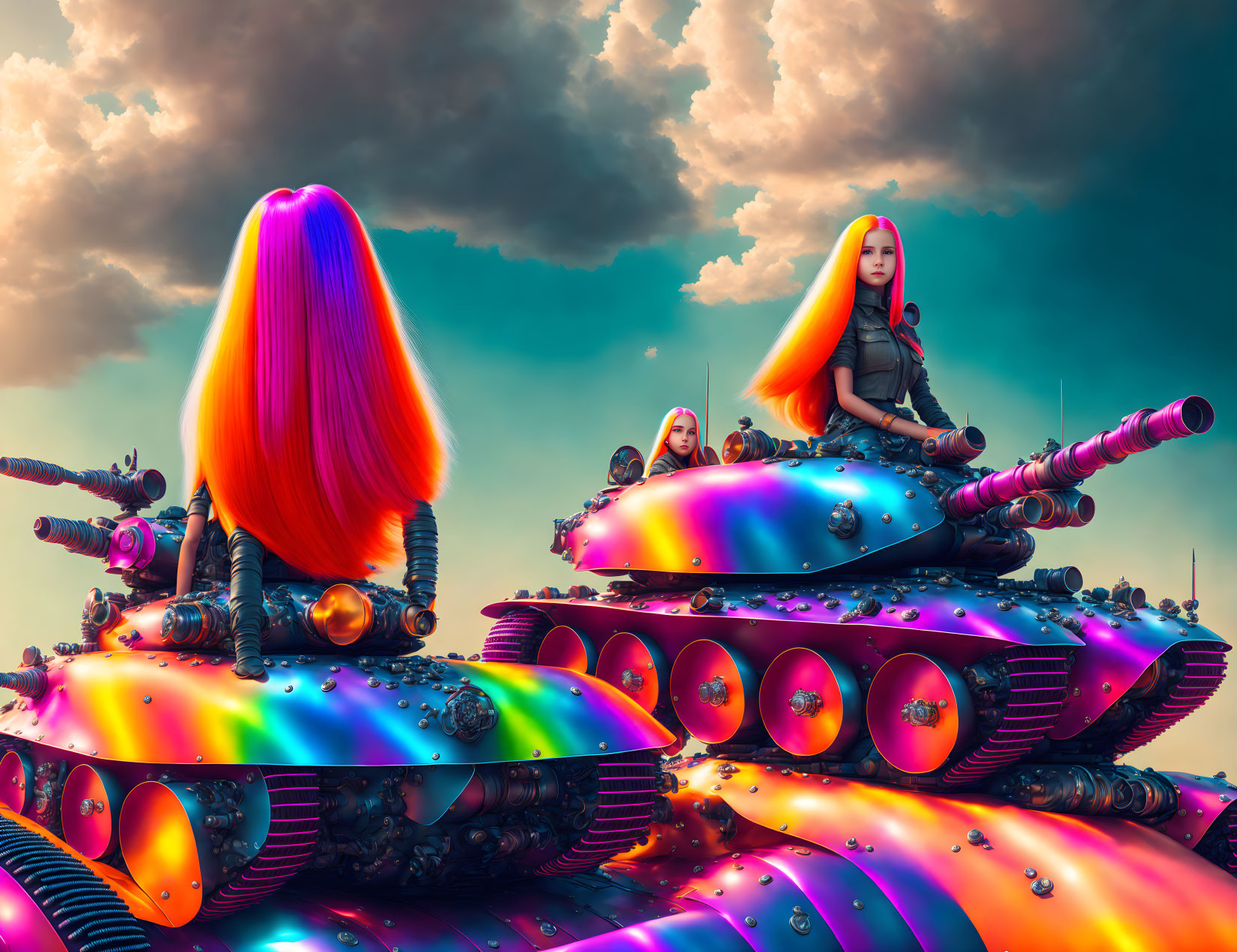 Colorful tank-like vehicles and vibrant-haired females in futuristic scene