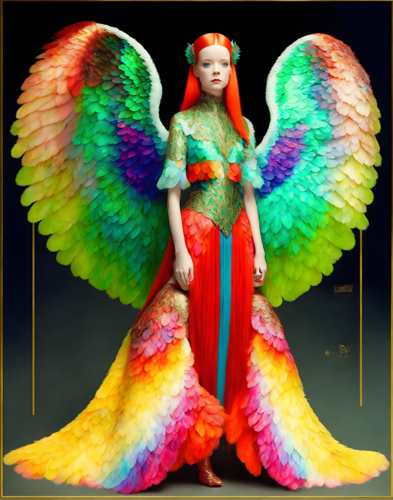 Colorful artwork: Person with multicolored wings and dress on dark background