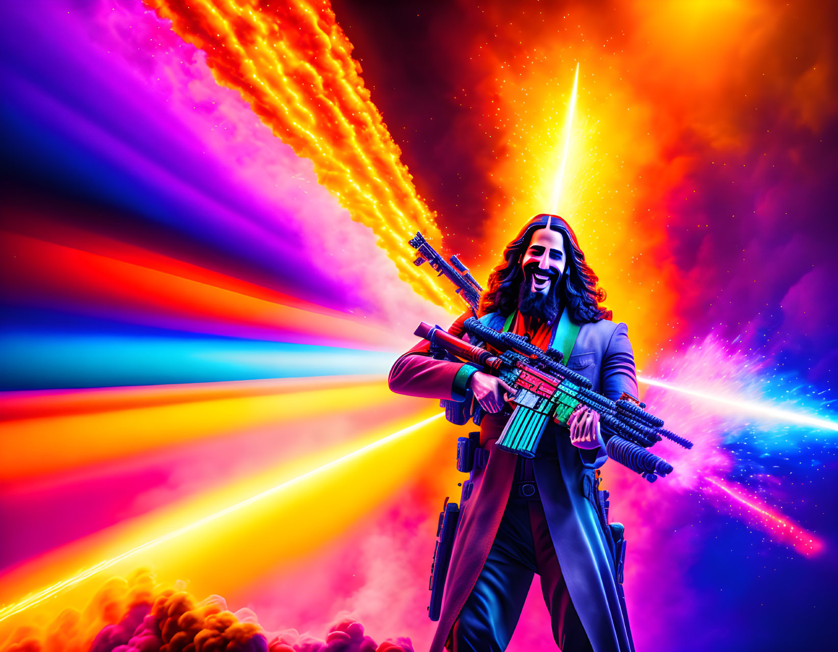 Colorful illustration of a man in a suit with rifles and rainbow backdrop