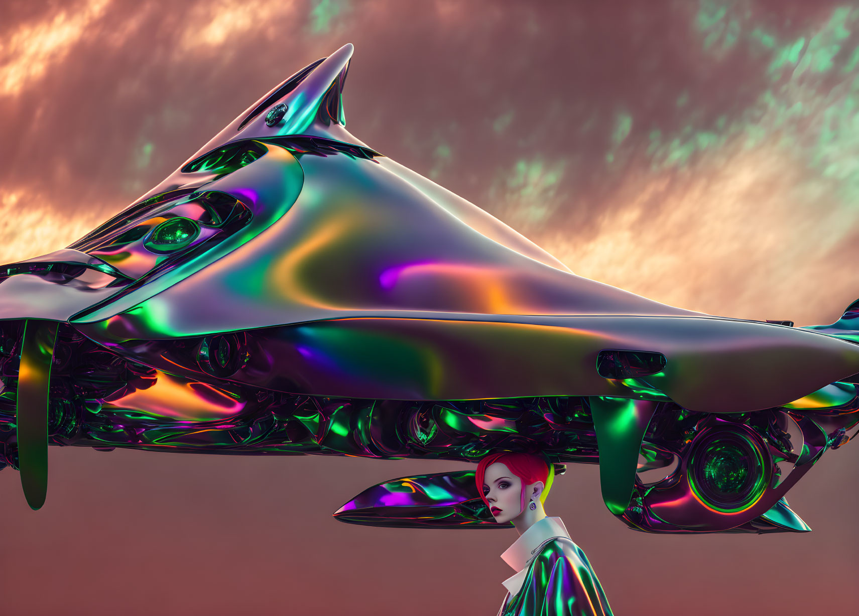 Futuristic iridescent vehicle with humanoid figure in porcelain skin emerging against pink sky