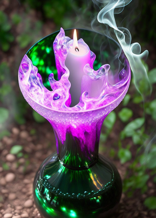 Purple and Green Glass Candle Holder with Lit White Candle on Earthy Background