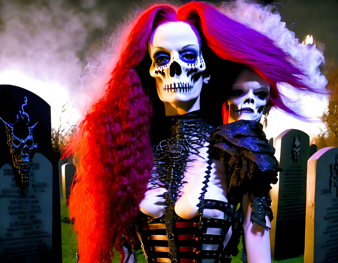 Two individuals in skull makeup and red hair in gothic outfits in misty graveyard.