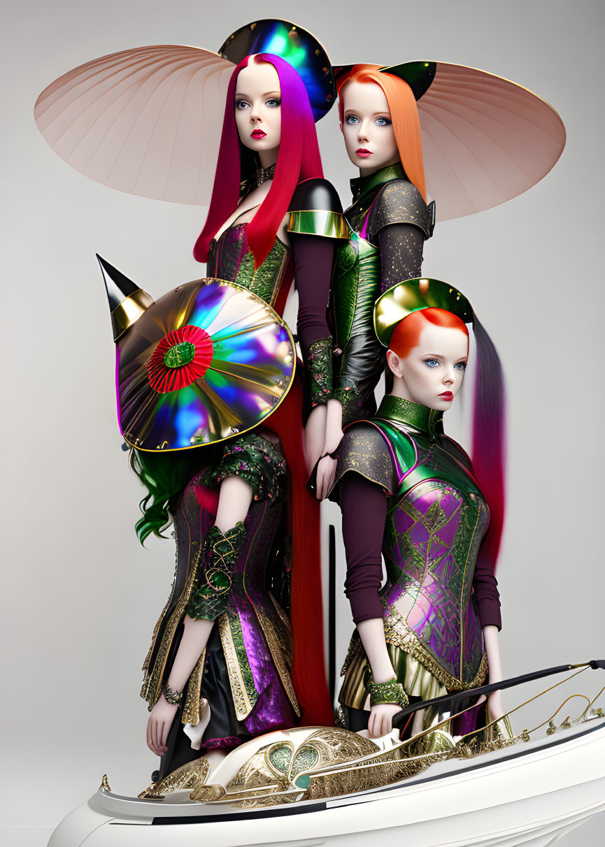 Three futuristic women with vibrant hair and elaborate headgear in metallic costumes next to a sleek white structure