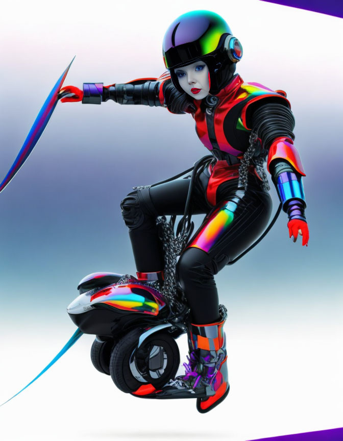 Colorful futuristic female character in high-tech suit with helmet riding single-wheeled device, wielding glowing