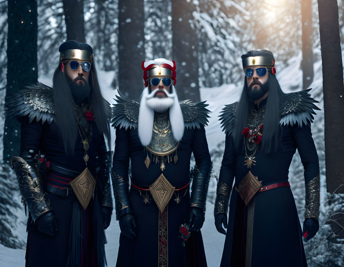 Men in stylized military uniforms with fur details and sunglasses in snowy forest pose