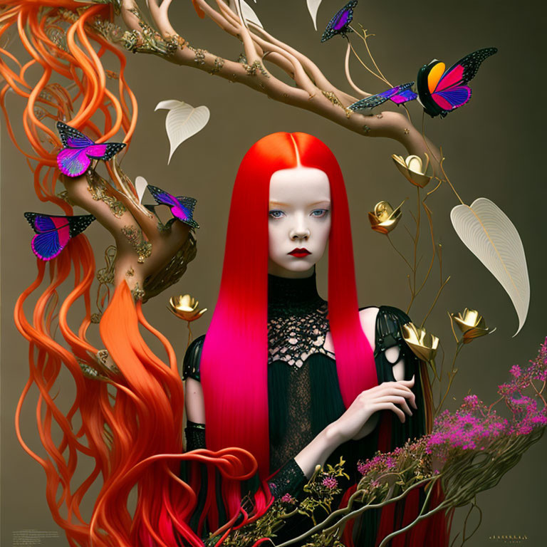 Digital artwork featuring woman with red hair and nature elements.