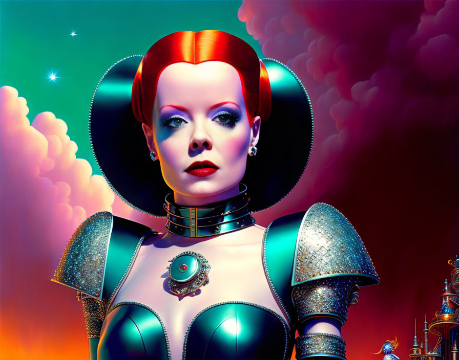 Colorful artwork: Female android in red hair, metallic armor, futuristic background.