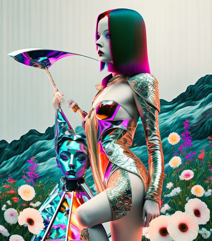 Colorful digital artwork of futuristic female figure with umbrella and metallic face sculpture among stylized flowers