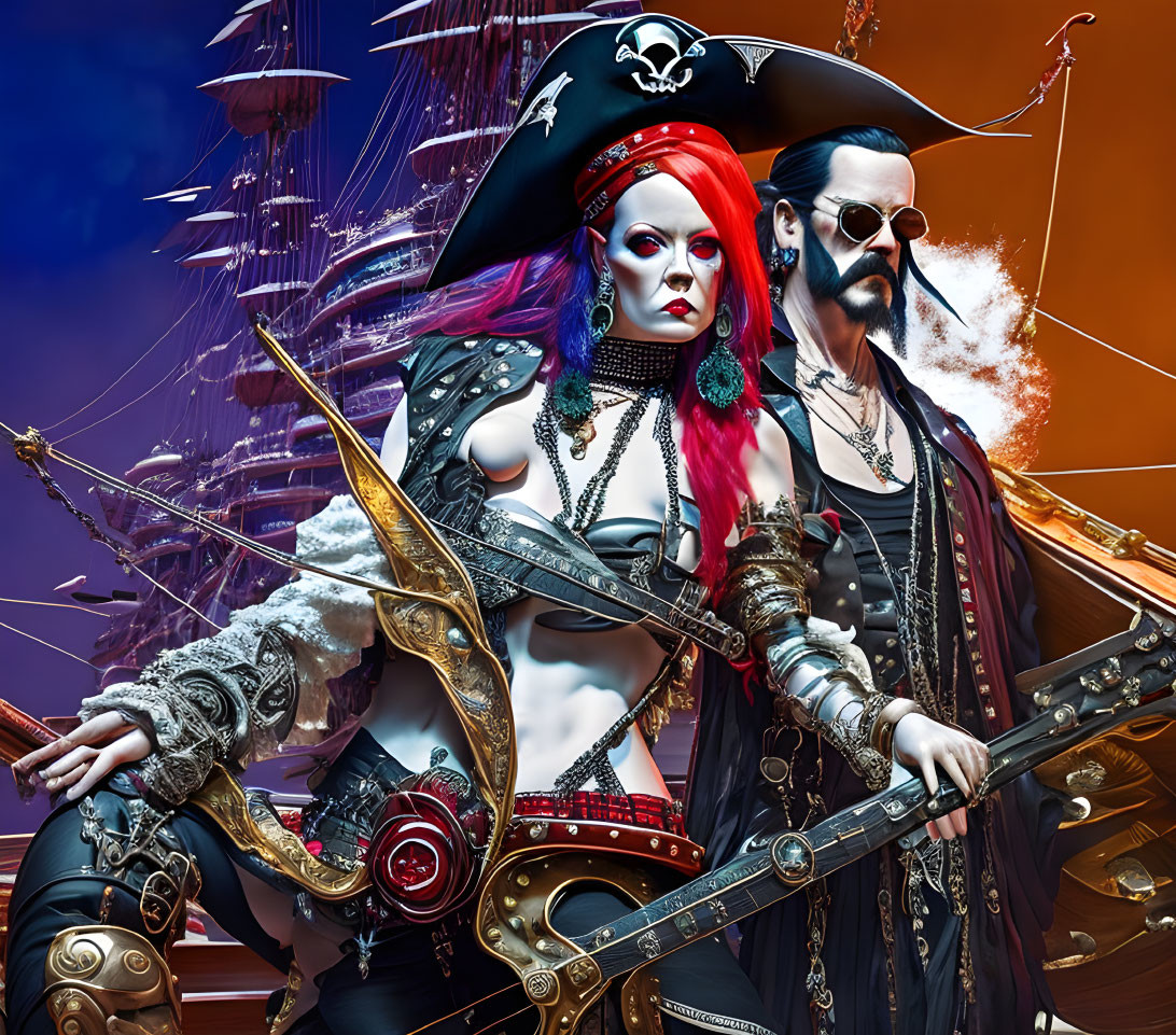 Stylized pirates with red hair and sunglasses posing with weapons on ship backdrop