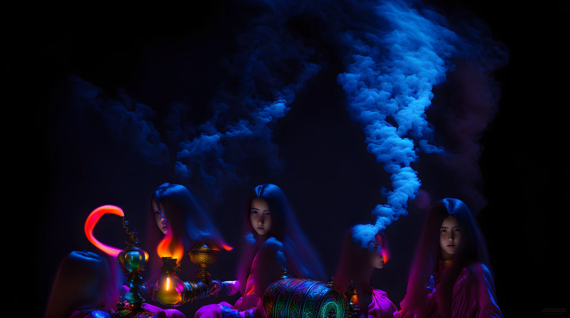 Three women with mystical items under colorful lights and blue smoke.