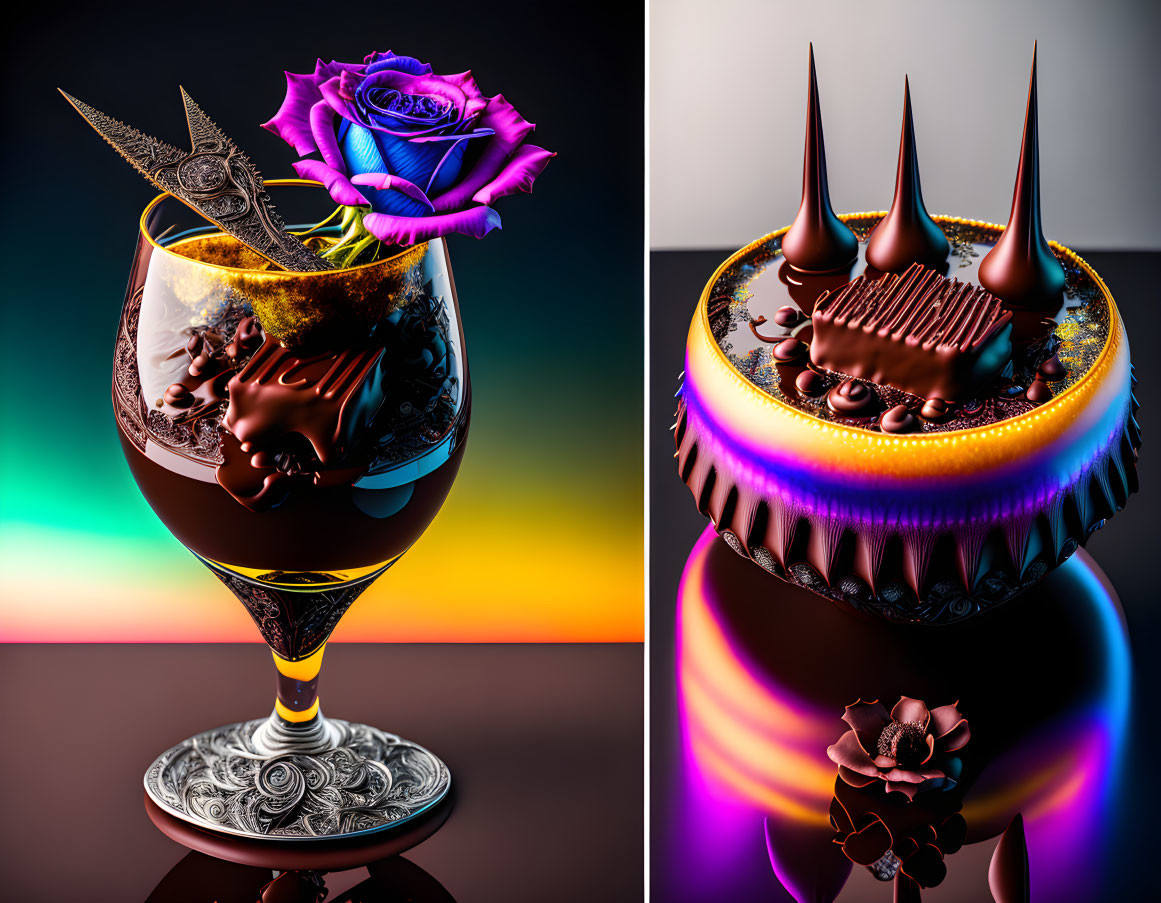 Surreal digital art: glass goblet, blue roses, floating chocolate dessert, multicolored