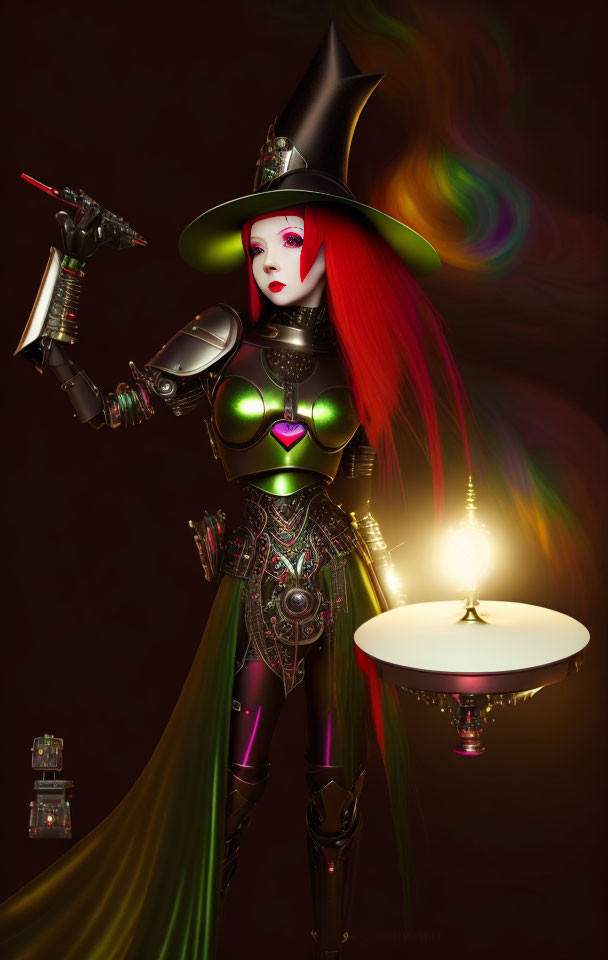 Stylized robotic woman with red hair in futuristic costume