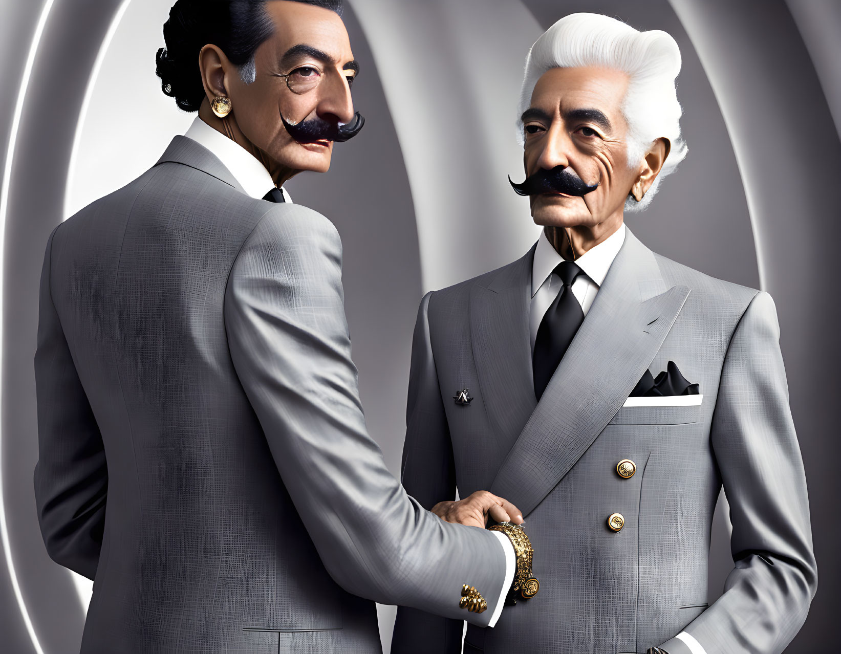 Stylized male characters in sharp suits with iconic mustaches on gray backdrop