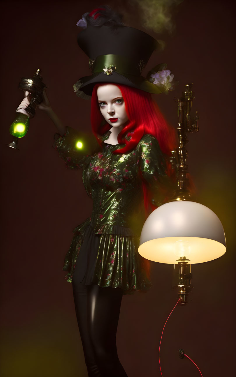 Red-haired woman in green dress and top hat with lantern and glowing lamp.